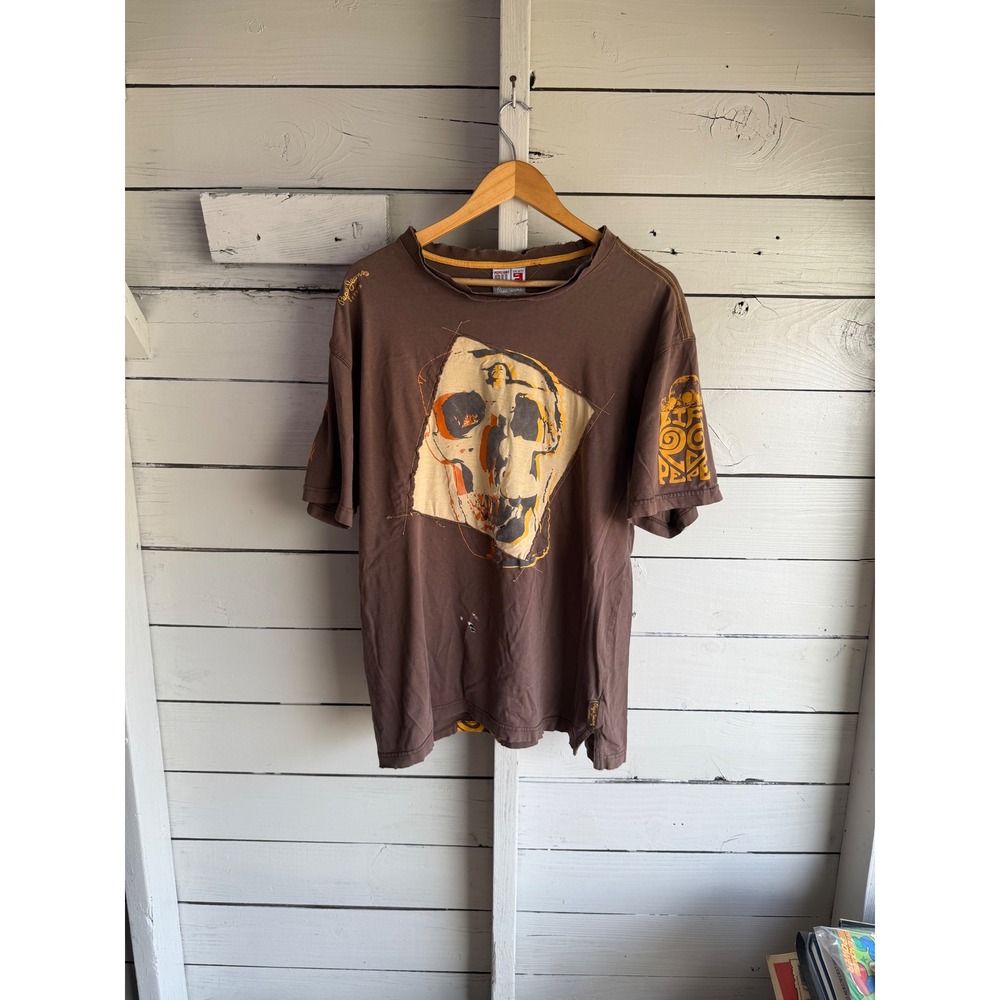 Pepe Jeans London PJL Brown Skull Graphic T-Shirt Distressed Mens XL